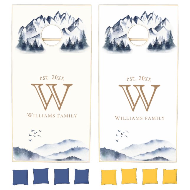 rustic blue mountain pine forest monogram cornhole set (Set)
