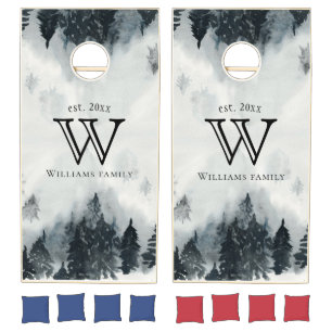 rustic blue mountain pine forest monogram cornhole set