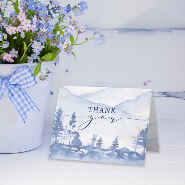 Rustic Blue Mountain Watercolor Wedding Thank You Card (Harness the balance of elegance & heartfelt appreciation with our Blue Mountain Watercolor Thank You)