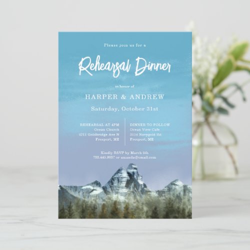 Rustic Blue Mountain Wedding Rehearsal Dinner Invitation