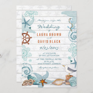 Rustic Blue Nautical Beach Sand Wedding Invitation