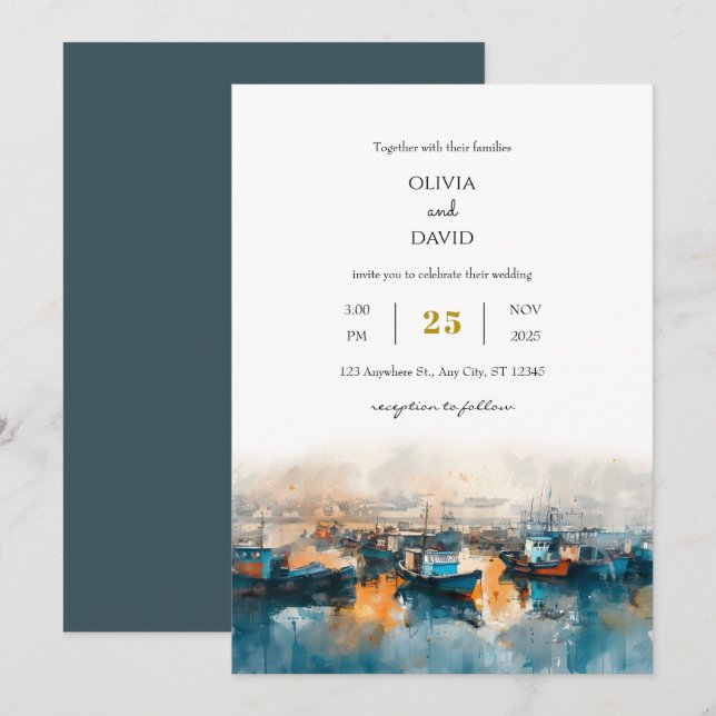 Rustic Blue Nautical Harbor Dawn Art Beach Wedding Invitation (Front/Back)