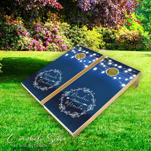 Rustic Blue Night String Lights Monogram Wedding Cornhole Set (Creator Uploaded)