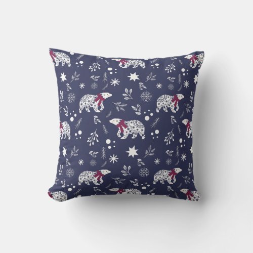 Rustic Blue Nordic Christmas Folk Art Throw Pillow