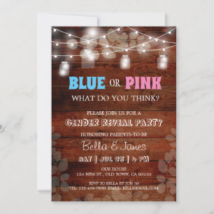 Rustic blue or pink gender reveal party invitation