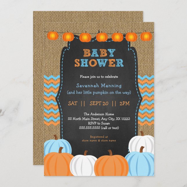 Rustic Blue Orange Pumpkin baby shower invitation (Front/Back)
