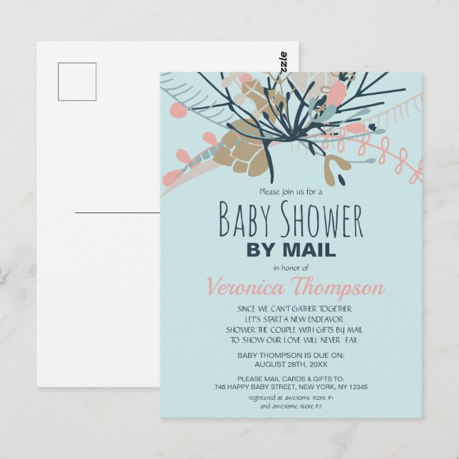 Rustic Blue Pastel Botanical Baby Shower By Mail Postcard (Front/Back)