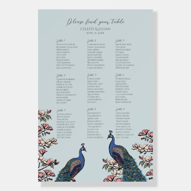 Rustic Blue Peacock 9 Table Seating Chart Foam Board (Front)
