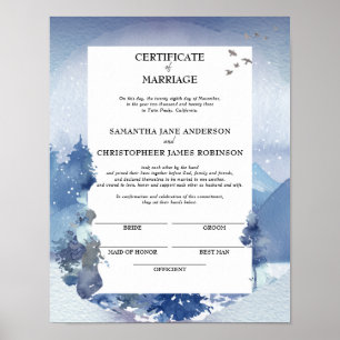 Rustic Blue Pine Certificate of Marriage Keepsake Poster