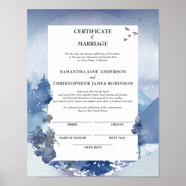 Rustic Blue Pine Certificate of Marriage Keepsake Poster (Front)
