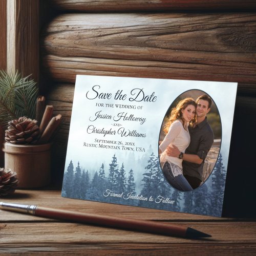Rustic Blue Pine Forest with Oval Photo Wedding Save The Date