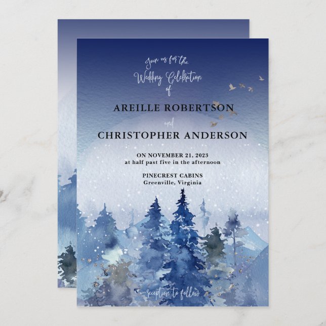 Rustic Blue Pine Misty Forest Wedding Invitation (Front/Back)