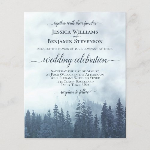 Rustic Blue Pine Trees BUDGET Wedding Invitation