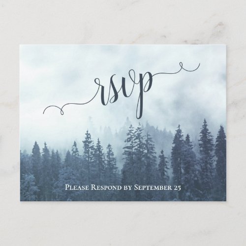 Rustic Blue Pine Trees Outdoor Wedding RSVP Postcard