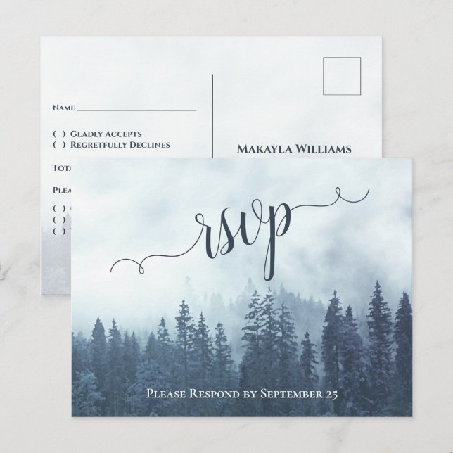 Rustic Blue Pine Trees Outdoor Wedding RSVP Postcard (Front/Back)