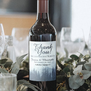 Rustic Blue Pine Trees Wedding Thank You Wine Label