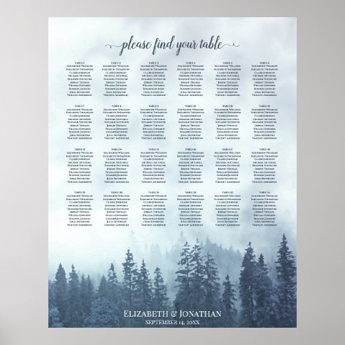 Rustic Blue Pines 24 Table Wedding Seating Chart