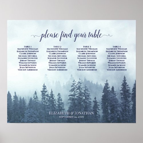 Rustic Blue Pines 4 Table Wedding Seating Chart