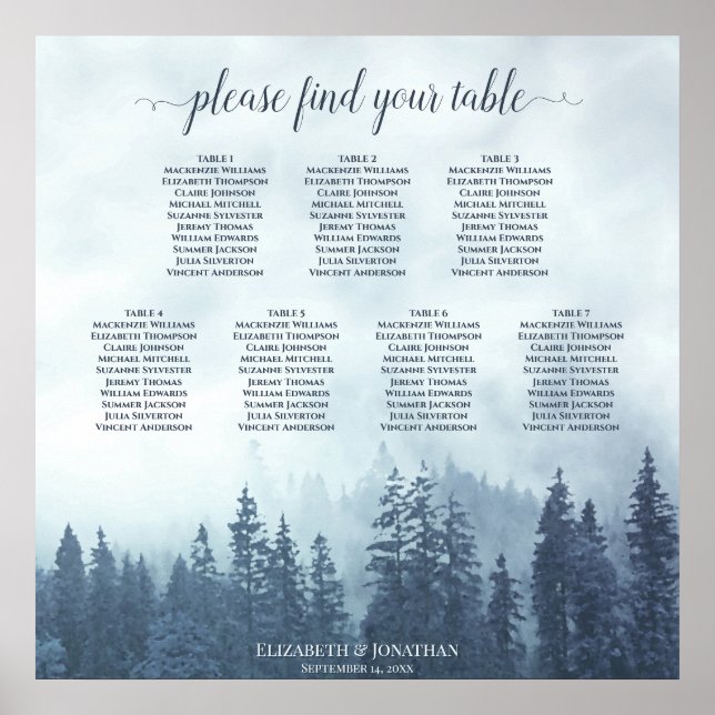 Rustic Blue Pines 7 Table Wedding Seating Chart (Front)