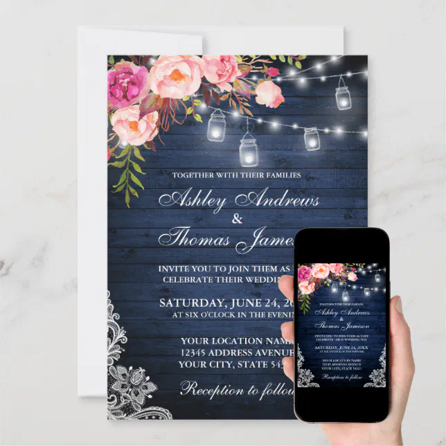 Rustic Blue Pink Floral Lace Lights Wood Wedding Invitation Zazzle