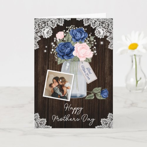 Rustic Blue Pink Floral Photo Happy Mothers Day Card