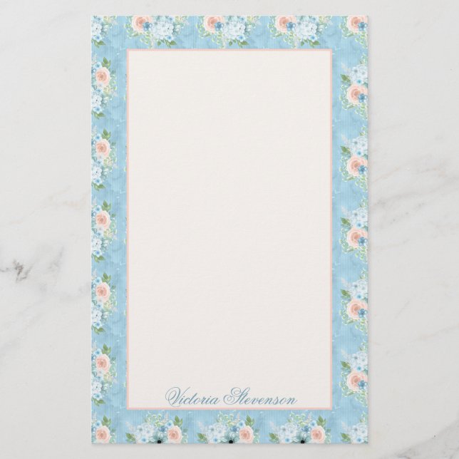 Rustic Blue Pink Floral Shabby Chic Personalized Stationery (Front)