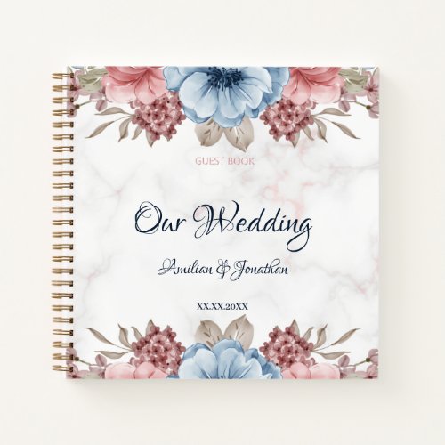 Rustic Blue Pink Floral Wedding Guest Nook Notebook