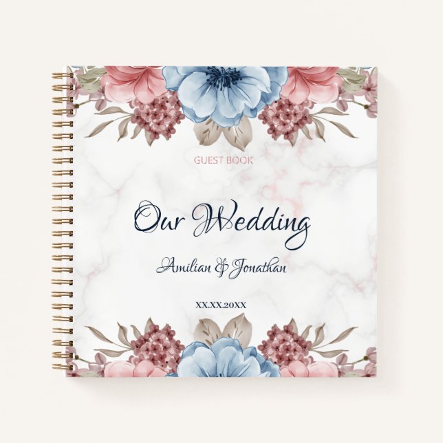 Rustic Blue Pink Floral Wedding Guest Nook Notebook (Front)