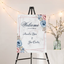 Rustic Blue Pink Floral Wedding Welcome Sign