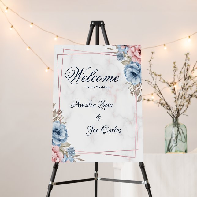 Rustic Blue Pink Floral Wedding Welcome Sign (In Situ (Stand))