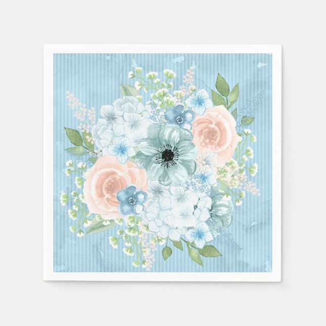 Rustic Blue Pink Green Floral Shabby Chic Napkins (Front)