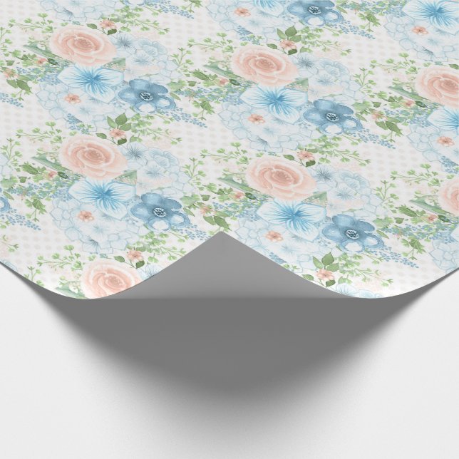 Rustic Blue Pink Green Floral Shabby Chic Wrapping Paper (Corner)