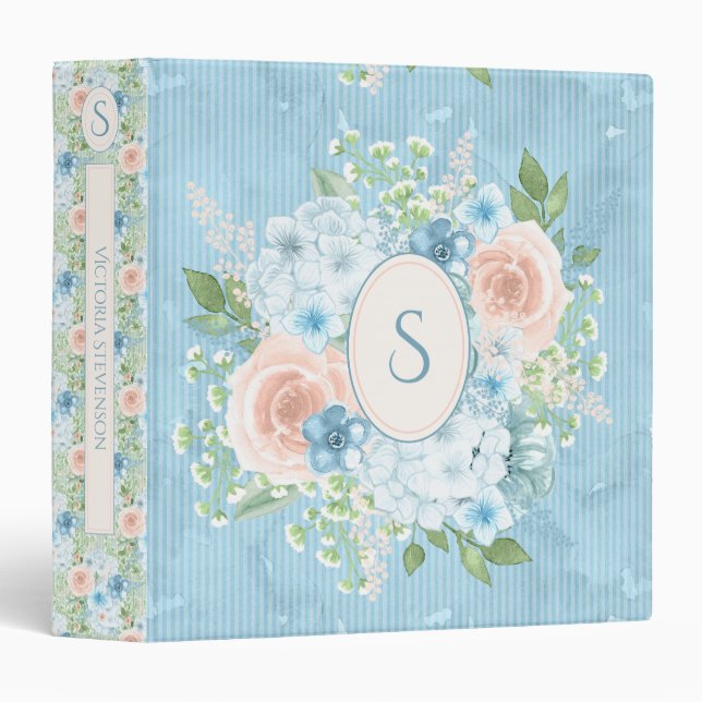 Rustic Blue Pink Monogram Floral Shabby Chic 3 Ring Binder (Front/Spine)
