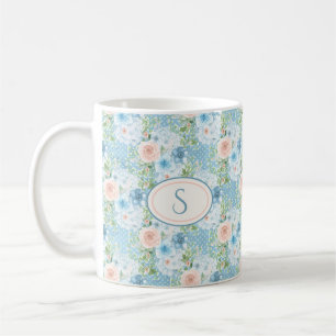Rustic Blue Pink Monogram Floral Shabby Chic Coffee Mug