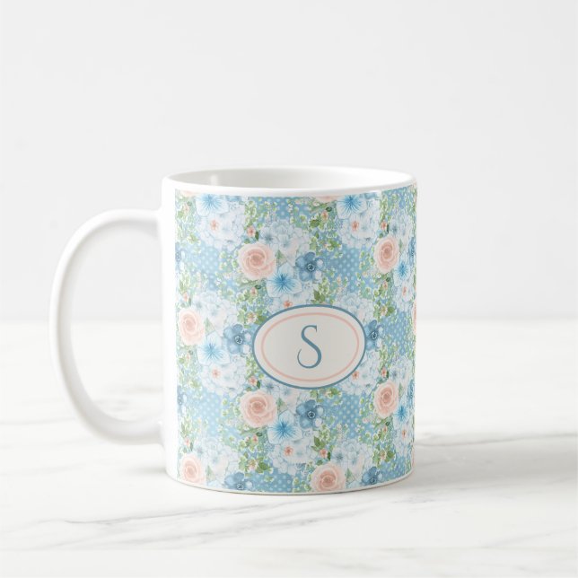 Rustic Blue Pink Monogram Floral Shabby Chic Coffee Mug (Left)