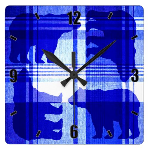 Rustic blue plaid bears square wall clock