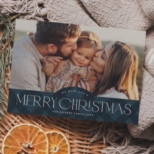 Rustic Blue Plaid Budget Photo Christmas Card