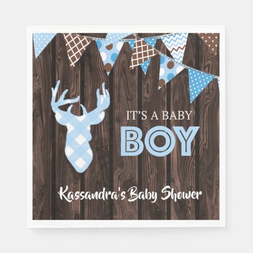 Rustic Blue Plaid Deer Baby Shower Lunch Napkin