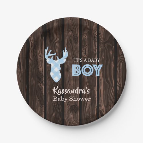 Rustic Blue Plaid Deer Baby Shower Paper Plates