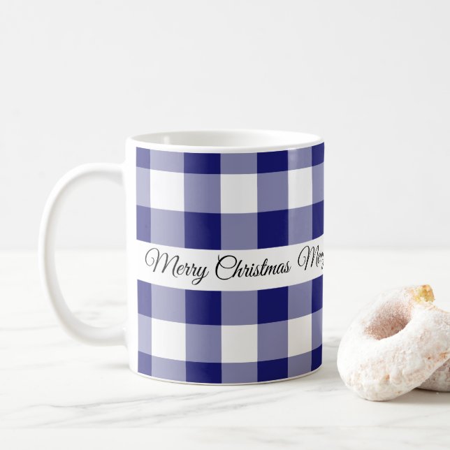 Rustic Blue Plaid Merry Christmas  Coffee Mug (With Donut)
