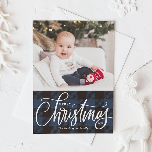 Rustic Blue Plaid Merry Christmas Photo Holiday Card