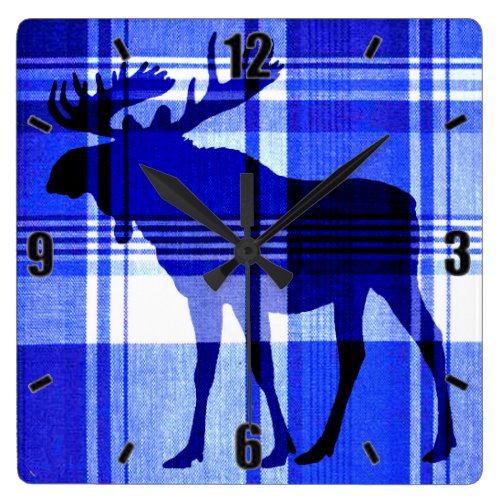 Rustic blue plaid moose wall clock