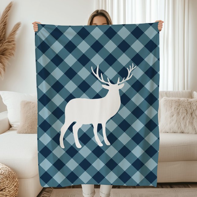 Rustic Blue Plaid White Stag Holiday Fleece Blanket (Creator Uploaded)