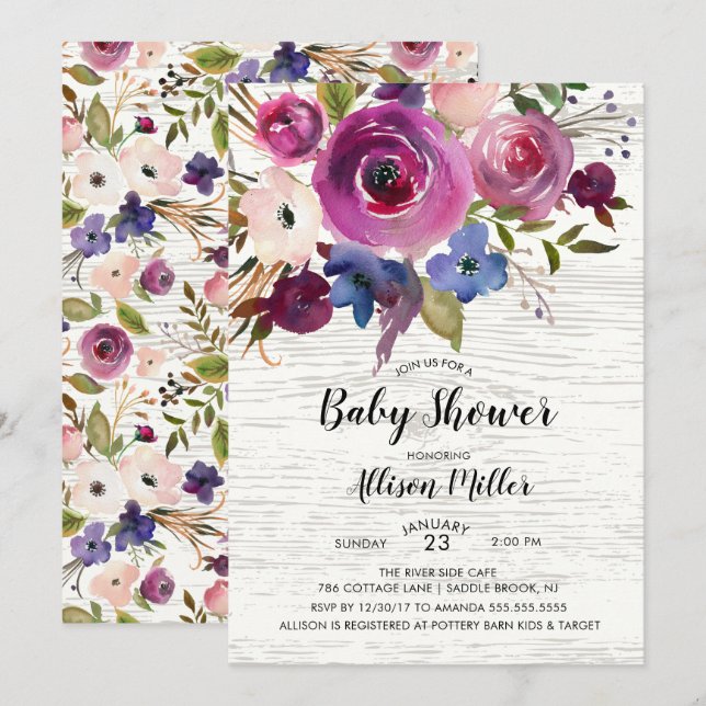 Rustic Blue Plum Floral Baby Shower Invitation (Front/Back)