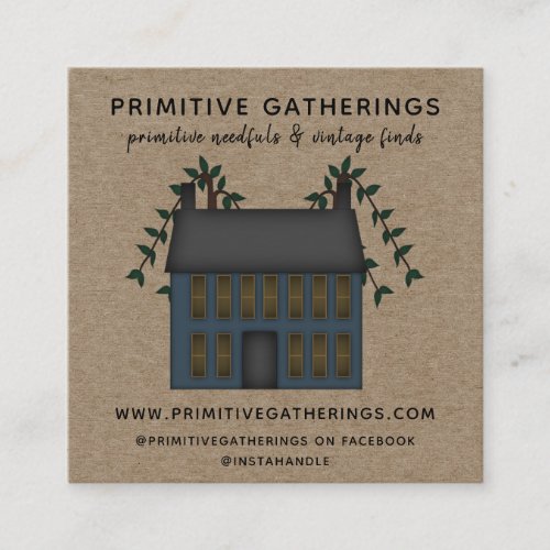 RUSTIC BLUE PRIMITIVE SALTBOX HOUSE  COUNTRY KRAFT SQUARE BUSINESS CARD