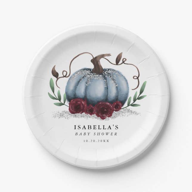 Rustic Blue Pumpkin Baby Shower Paper Plates (Front)