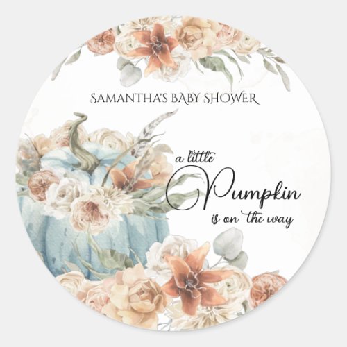 Rustic Blue Pumpkin Fall Floral Baby Shower Classic Round Sticker