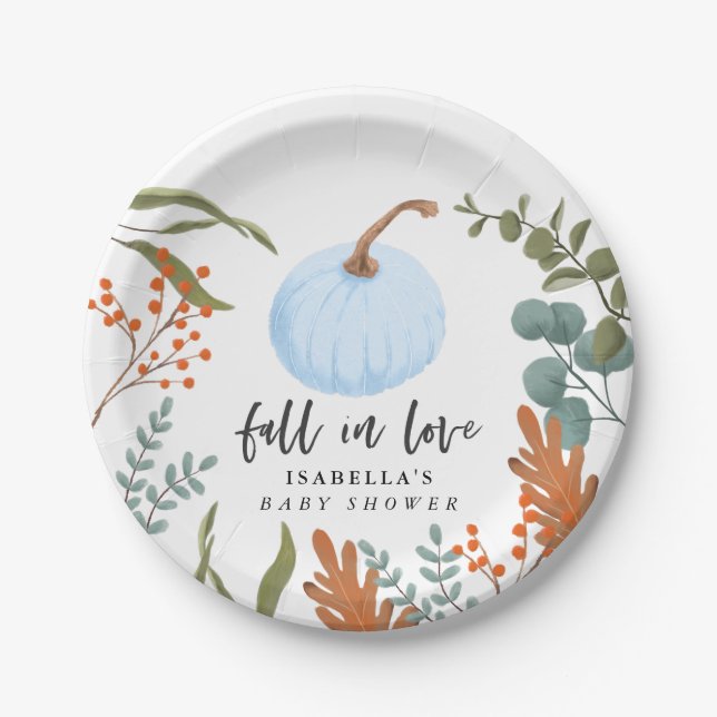 Rustic Blue Pumpkin Fall in Love Baby Shower Paper Plates (Front)