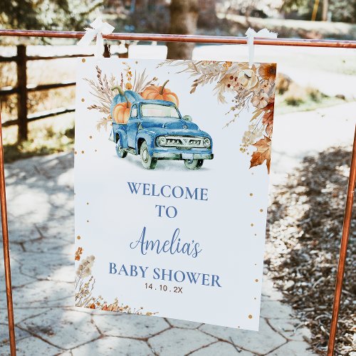 Rustic Blue Pumpkin Truck Baby Shower Welcome Sign