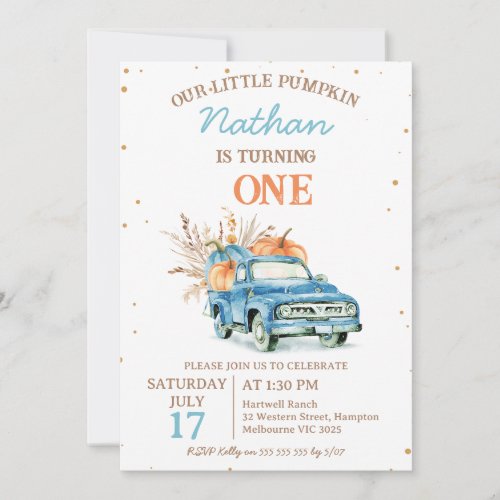 Rustic Blue Pumpkin Truck Fall 1st Birthday  Invitation